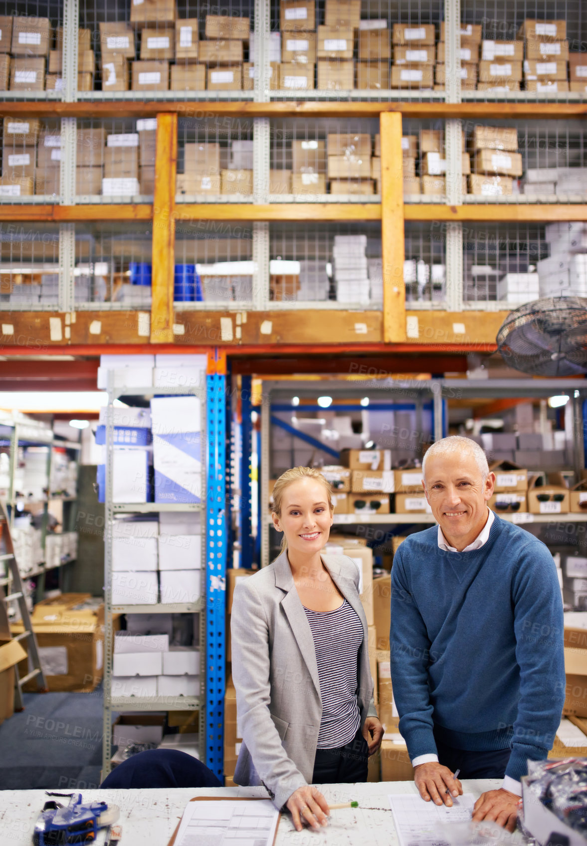 Buy stock photo Business people, management or portrait with documents in warehouse with teamwork, quality control or check list. Mature man, woman or smile for supply chain, logistics career or writing product info