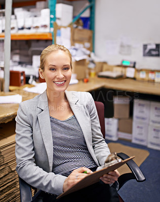 Buy stock photo Business woman, portrait and clipboard in warehouse office for logistics, planning or cargo checklist. Industry, supply chain or factory manager smile for compliance documents for cardboard recycling
