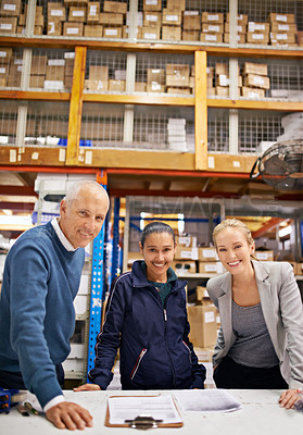 Buy stock photo Business people, management and portrait of team in warehouse with check up, quality control and inspection. Inspector, women and man for supply chain, logistics career and collaboration in factory