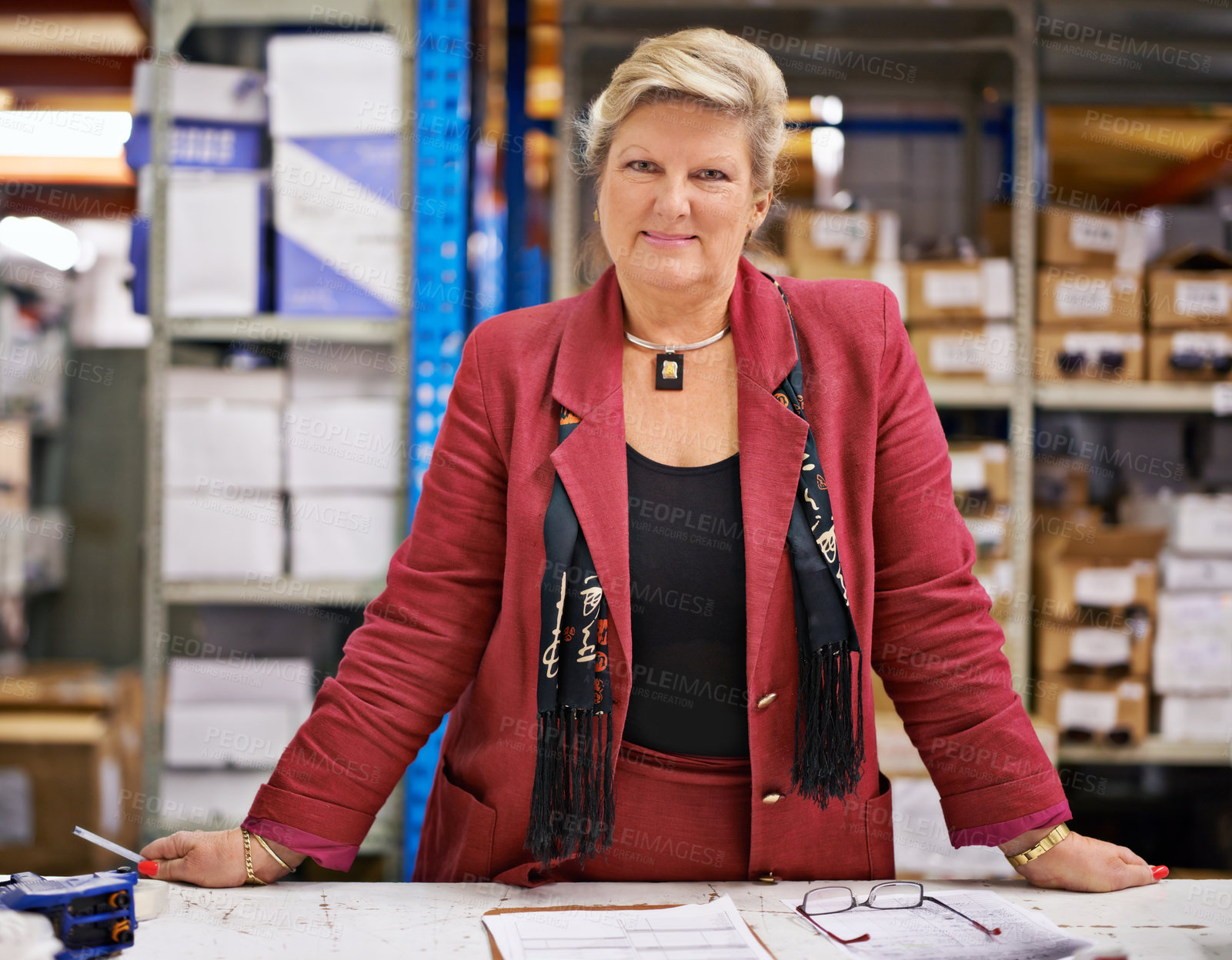 Buy stock photo Mature, woman and portrait with inventory in warehouse for quality control, happiness and supply chain. Manager, inspector and writing delivery data for shipping, logistics industry and product info