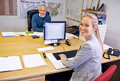 Buy stock photo Business people, desk and coworking portrait with office administrator and woman employee at company. Assistant, computer and professional worker with staff and online at a startup with technology 