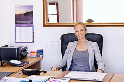 Buy stock photo Business woman, desk and boss portrait in a office with database administrator and contract work at company. Startup, happy and smile from a professional with paperwork and entrepreneur career at job