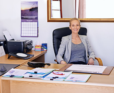 Buy stock photo Business woman, desk and office portrait with staff administrator schedule and contract work at company. Startup, happy and smile from a professional with paperwork and entrepreneur career at job
