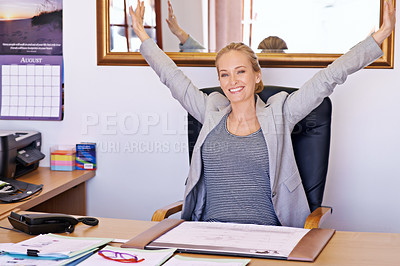 Buy stock photo Business woman, desk and happy portrait in a office with database administrator and contract work at company. Startup, excited and smile from a professional with paperwork and arms up at job