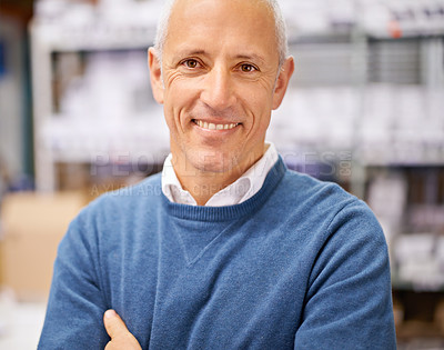 Buy stock photo Closeup portrait of a smiling businessman in an office