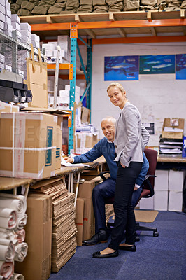 Buy stock photo Business people, supervisor and portrait for teamwork in warehouse with inventory, quality control or check list. Mature man, woman or smile for supply chain, logistics career or writing product info