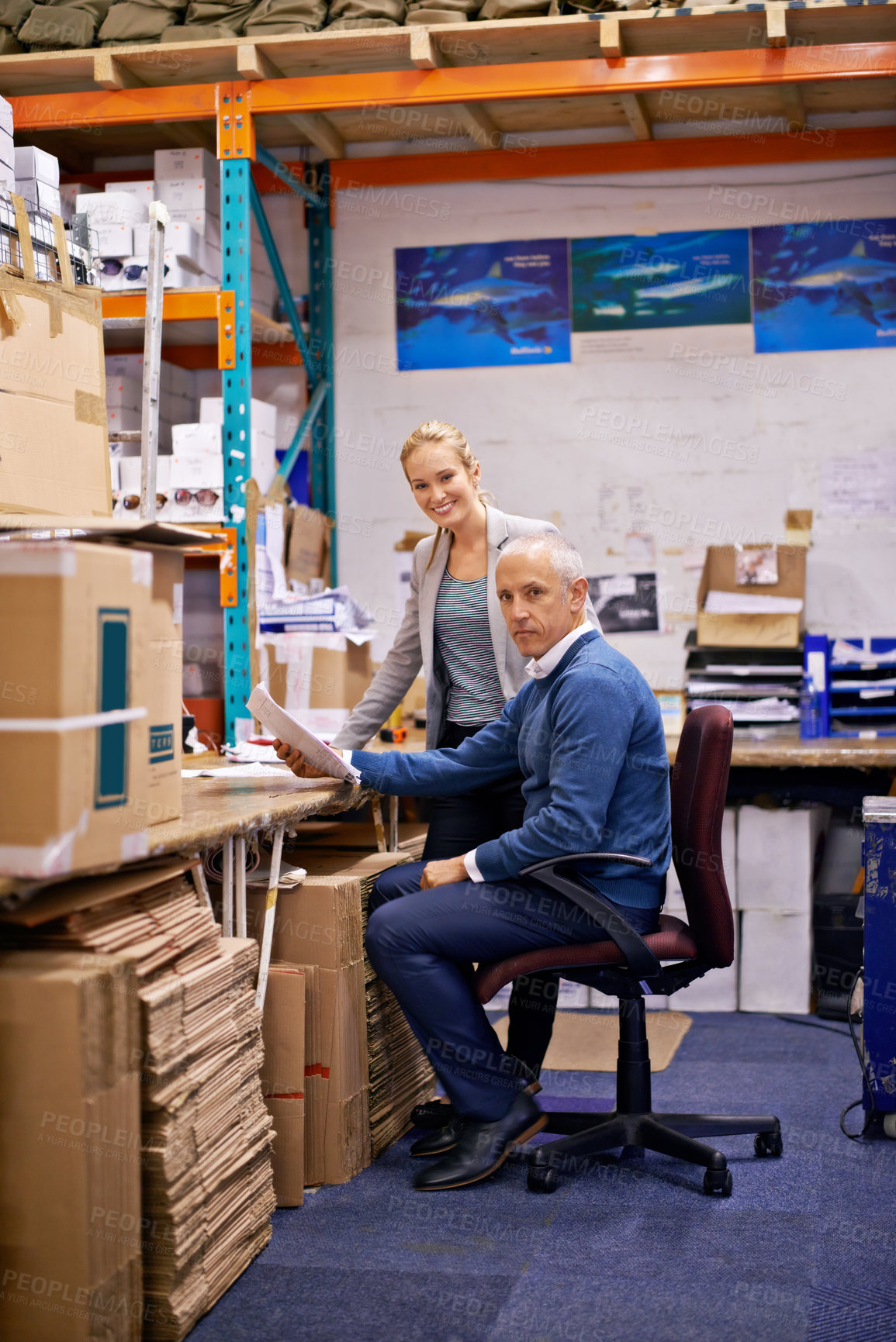 Buy stock photo Business people, man and woman with portrait in warehouse with inventory, quality control and check list. Management, supervisor and smile for supply chain, logistics career and planning product info