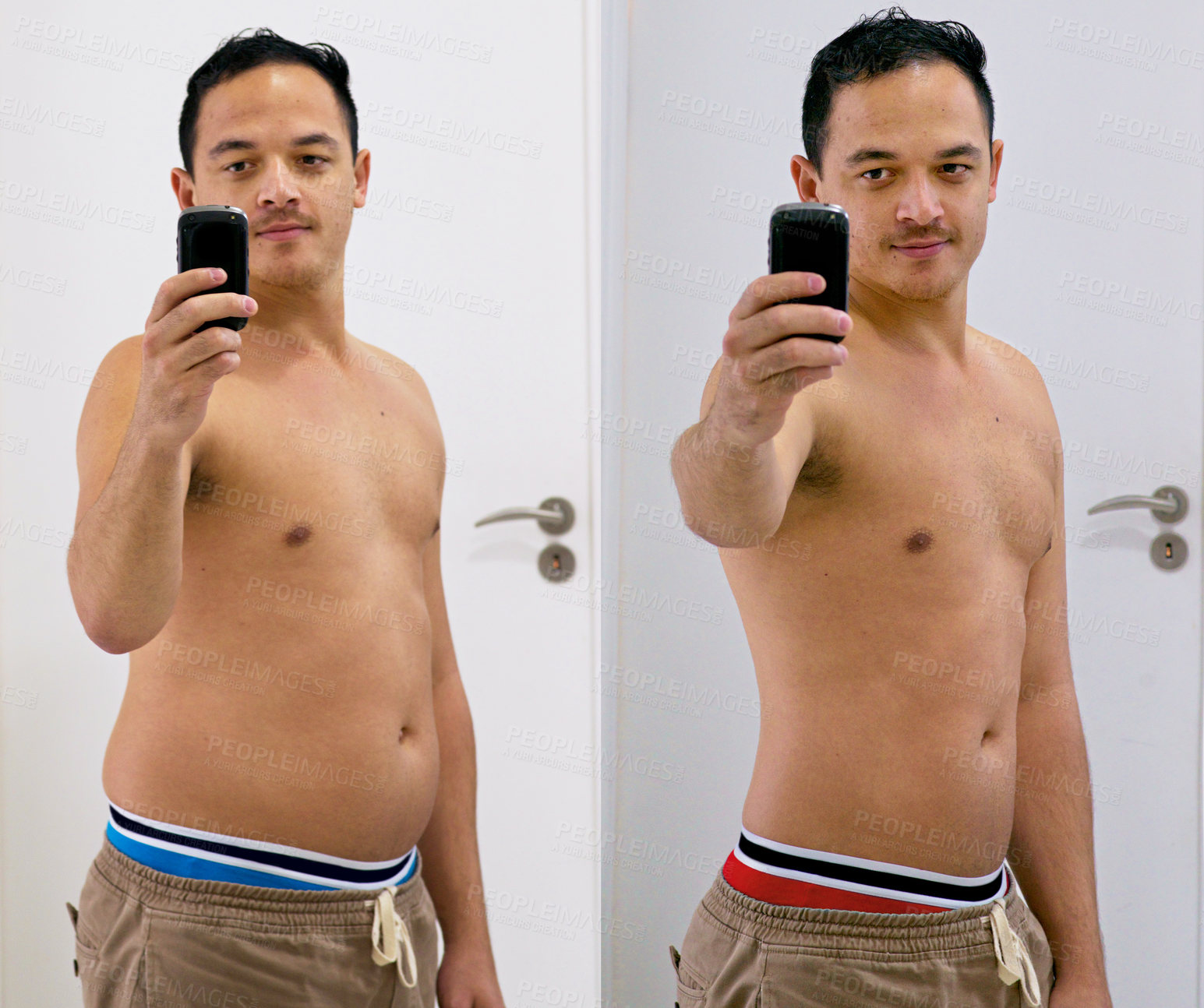 Buy stock photo Shot of a handsome young man taking a selfie before and after his diet