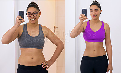 Buy stock photo Shot of a woman before and after her diet