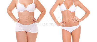Buy stock photo Transformation, lose weight and stomach of woman on a white background for diet, detox and wellness. Health, before after and isolated person in underwear for workout, exercise and fitness in studio