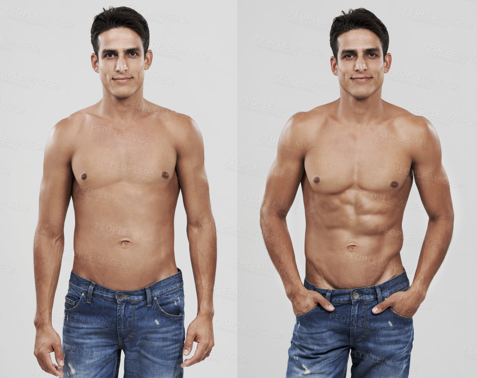Buy stock photo Before and after shot of a man after dieting and exercising