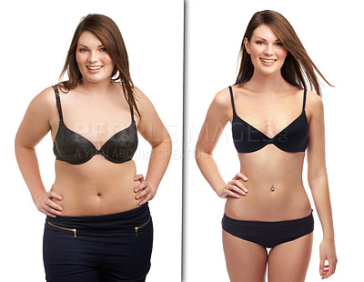 Buy stock photo Before and after studio shot of a young woman's weight loss