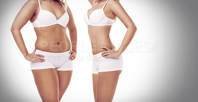 Buy stock photo Transformation, lose weight and woman on a white background for diet, detox and wellness. Health, before after and stomach of isolated person in underwear for workout, exercise and fitness in studio