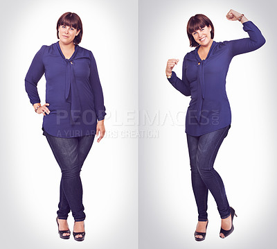 Buy stock photo Portrait of a pretty young woman with her hand on her hip standing on a white background