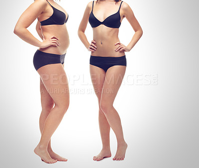 Buy stock photo Transformation, lose weight and body of woman on a white background for diet, detox and wellness. Health, before after and stomach of isolated person for workout, exercise and fitness in studio