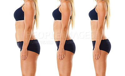 Buy stock photo Studio shot of a woman's weight loss progress