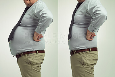 Buy stock photo Before and after studio shot of a businessman's weight loss