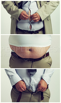Buy stock photo Composite, plus size and body of man for transformation, weight loss and abdomen with white background. Professional, stomach and male person for struggle, pants and shirt on studio backdrop