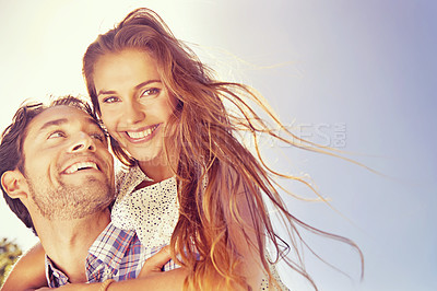 Buy stock photo Portrait, couple outdoor and hug with sunshine, love and smile for relationship, celebration and happiness. Romance, mockup and man carry woman, outside and summer vacation with joy and holiday break