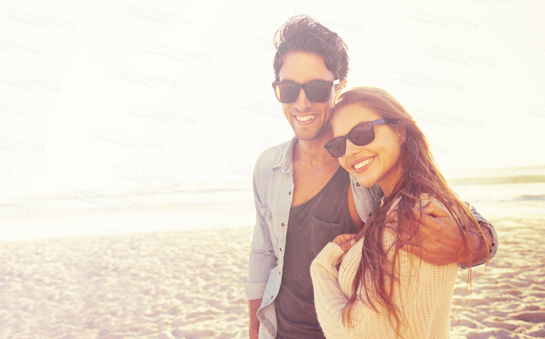Buy stock photo Man, woman and portrait or beach relax for holiday vacation for summer, explore or travel. Happy couple, sunglasses and sunshine on ocean sand as outdoor bonding or cost adventure, mockup or together