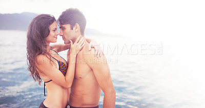 Buy stock photo Couple, hug and ocean with travel and mockup space, love and bonding for commitment and holiday in summer. Trust, support and care, people with affection and embrace in nature and romantic adventure