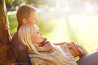 Buy stock photo Sunshine, relax and couple with love, date and happiness with weekend break and happiness. Outdoor, embrace and man with woman or summer with relationship or marriage with nature or romance in a park