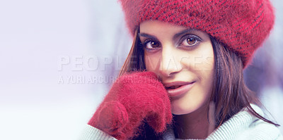 Buy stock photo Style, beauty and portrait of woman with winter clothes on cold weather vacation or holiday. Serious, makeup and face of female person with gloves and beanie for trendy fashion for weekend trip.