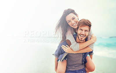 Buy stock photo Couple on beach, portrait and piggyback with happiness, travel and holiday, love and care with trust. Freedom, mockup space and happy man with woman outdoor, summer holiday and hug by the ocean