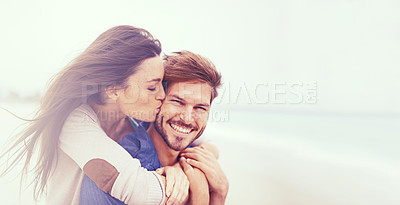 Buy stock photo Piggyback, smile and couple kiss in beach, happiness and joy for travel in journey in nature. Vacation, man and woman together in partnership, date and romance in Caribbean sea of Jamaica to relax