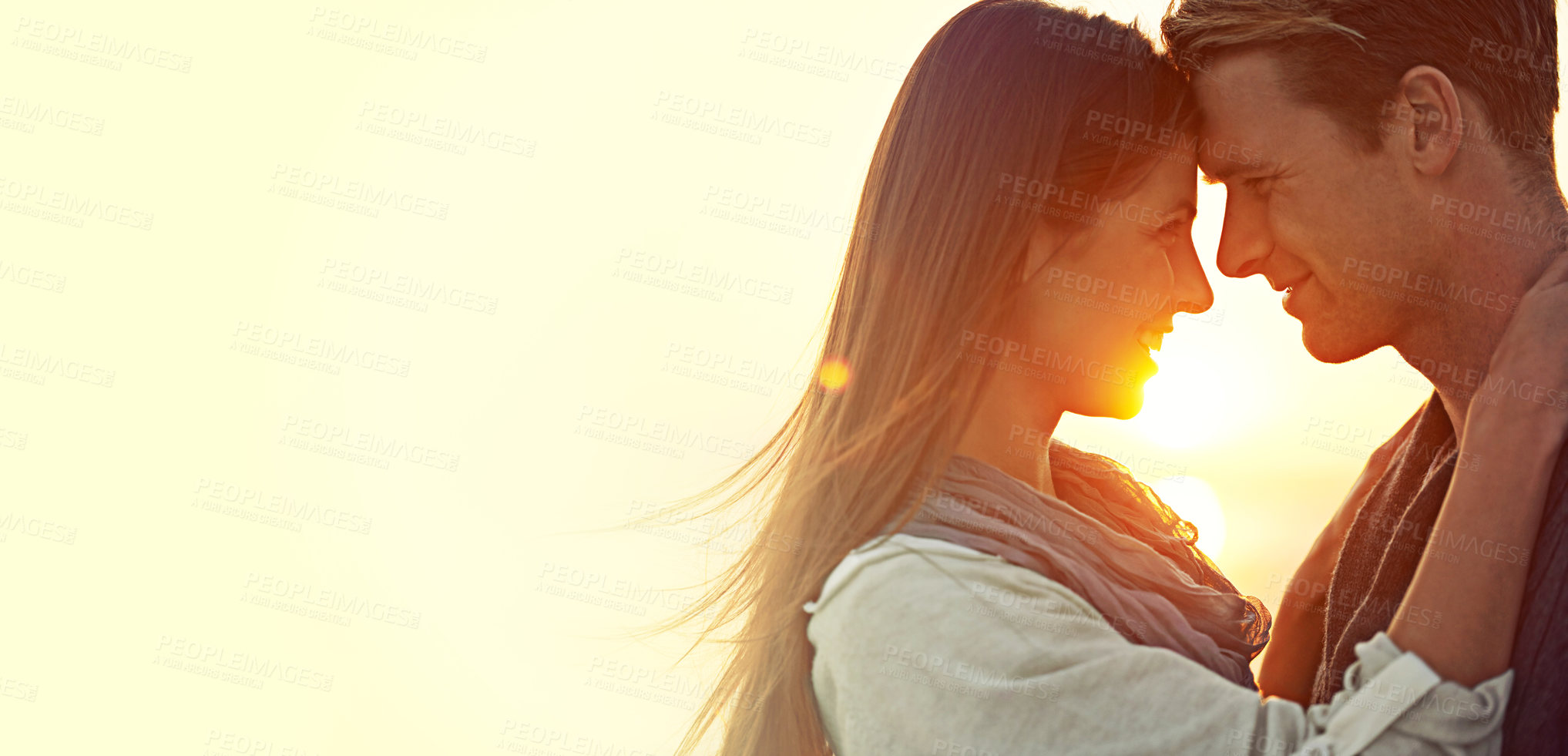 Buy stock photo Couple, hug and sunset at beach with space for vacation, love and care in nature, outdoor and ocean. Man, woman and embrace with trust, mock up and happy for memory on holiday by sea in Australia