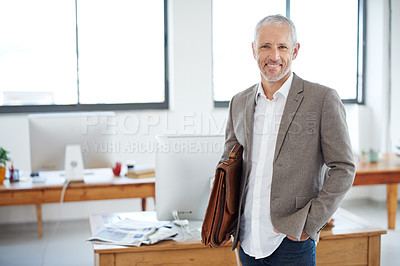 Buy stock photo Senior business man, portrait and executive at creative startup with smile, confidence and modern office. CEO, success and career mindset, happy male professional in management at advertising company