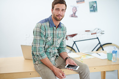Buy stock photo Office, startup and portrait of businessman with phone for social media, internet research and website. Professional, worker and person on smartphone for work, job opportunity and career in workplace