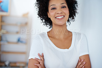 Buy stock photo Crossed arms, office and portrait of business black woman with confidence, company pride and positive attitude. Professional, startup and person in workplace for career, job opportunity and working