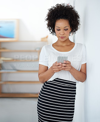 Buy stock photo Typing, office and business black woman with phone for social media, internet research and website. Startup, professional worker and person on smartphone for networking, contact and communication