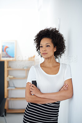 Buy stock photo Business woman, thinking and ideas with confidence in office for communication in human resources. Professional worker or young person with arms crossed and phone or mobile and vision for her career
