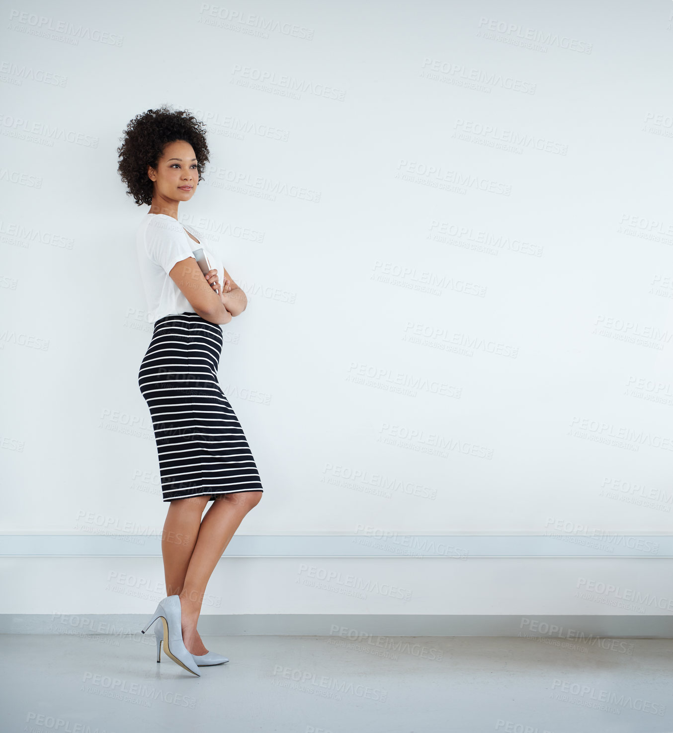 Buy stock photo Business woman, thinking and confidence on a wall or white background for human resources goals. Professional worker, employee or young person with arms crossed and ideas or vision with mockup space