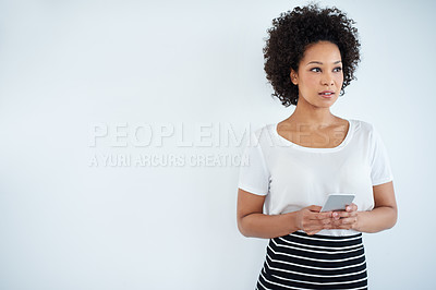 Buy stock photo Business woman, thinking and phone on a wall or white background for chat and communication ideas and solution. African worker, employee or person with mobile and search for inspiration on mockup