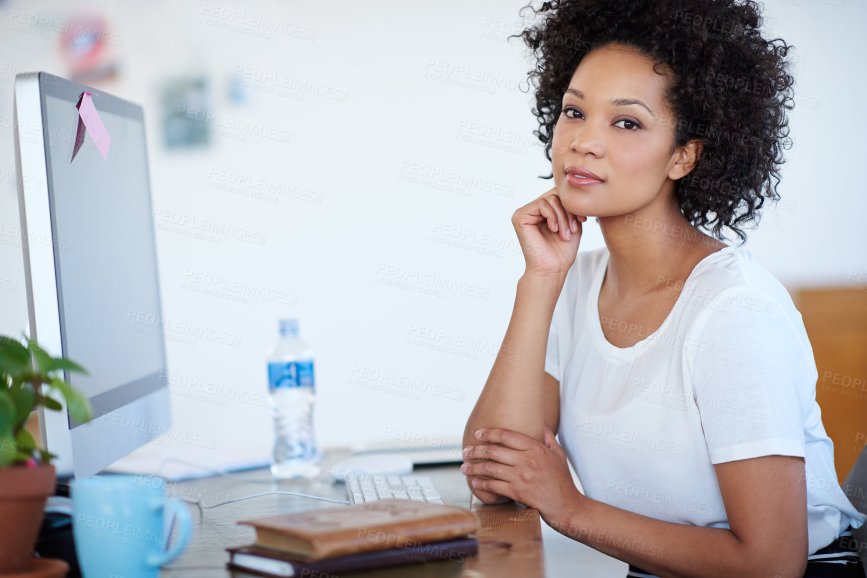Buy stock photo Business woman, confidence and portrait at computer for creative project, planning or copywriting career. Face of a young professional editor, writer or African person on desktop at creative startup