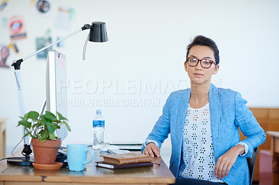 Buy stock photo Woman, editor and portrait in office with media, computer and desk for organization in journalism. Female person, technology and work with confidence, pride and notebooks for management strategy