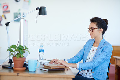 Buy stock photo Business woman, typing and planning on computer for creative project, research and online editing or copywriting. Young professional editor, writer or person on desktop for job or startup newsletter
