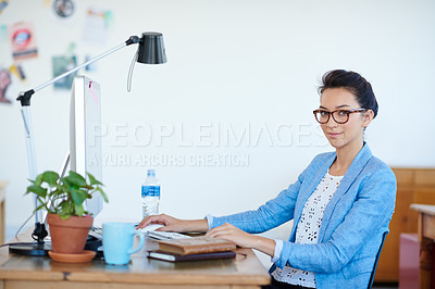 Buy stock photo Computer, office and portrait of business woman with confidence, company pride and glasses at desk. Professional, startup and face of person in workplace for career, job opportunity and working