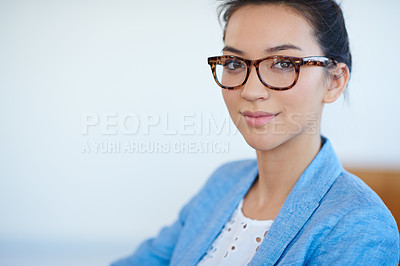 Buy stock photo Glasses, office and portrait of business woman with confidence, company pride and positive attitude. Professional, startup and face of person in workplace for career, job opportunity and working