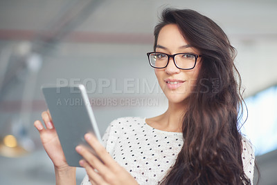 Buy stock photo Tablet, glasses and portrait of business woman for online research, website news and internet. Office, creative startup and person on digital tech for networking, typing email and communication