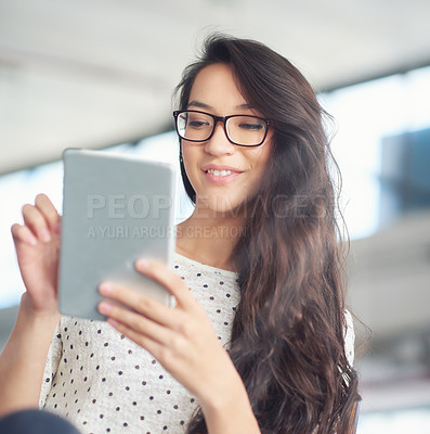 Buy stock photo Tablet, business and professional Asian woman for online research, website news and internet. Office, creative startup and person on digital technology for networking, typing email and communication