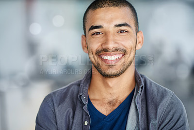 Buy stock photo Happy, smile and portrait of business man in office for career, working and job opportunity. Professional, creative startup and face of person with confidence, company pride and positive attitude