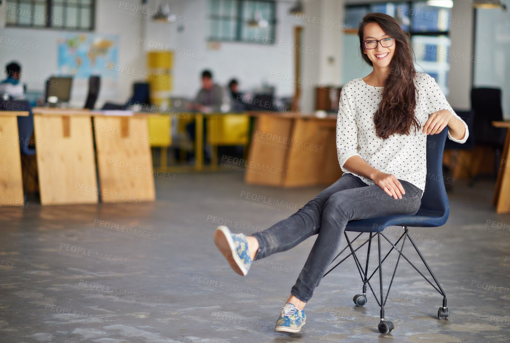 Buy stock photo Business, woman and portrait with smile in office for creative internship, confidence, startup pride and glasses. Entrepreneur, employee and happy in a warehouse workspace and coworking environment