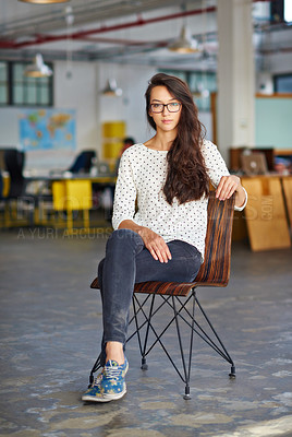 Buy stock photo Business, woman and portrait with confidence in office for creative internship, relax and startup pride in chair. Entrepreneur, employee and serious in a warehouse workspace and coworking workplace