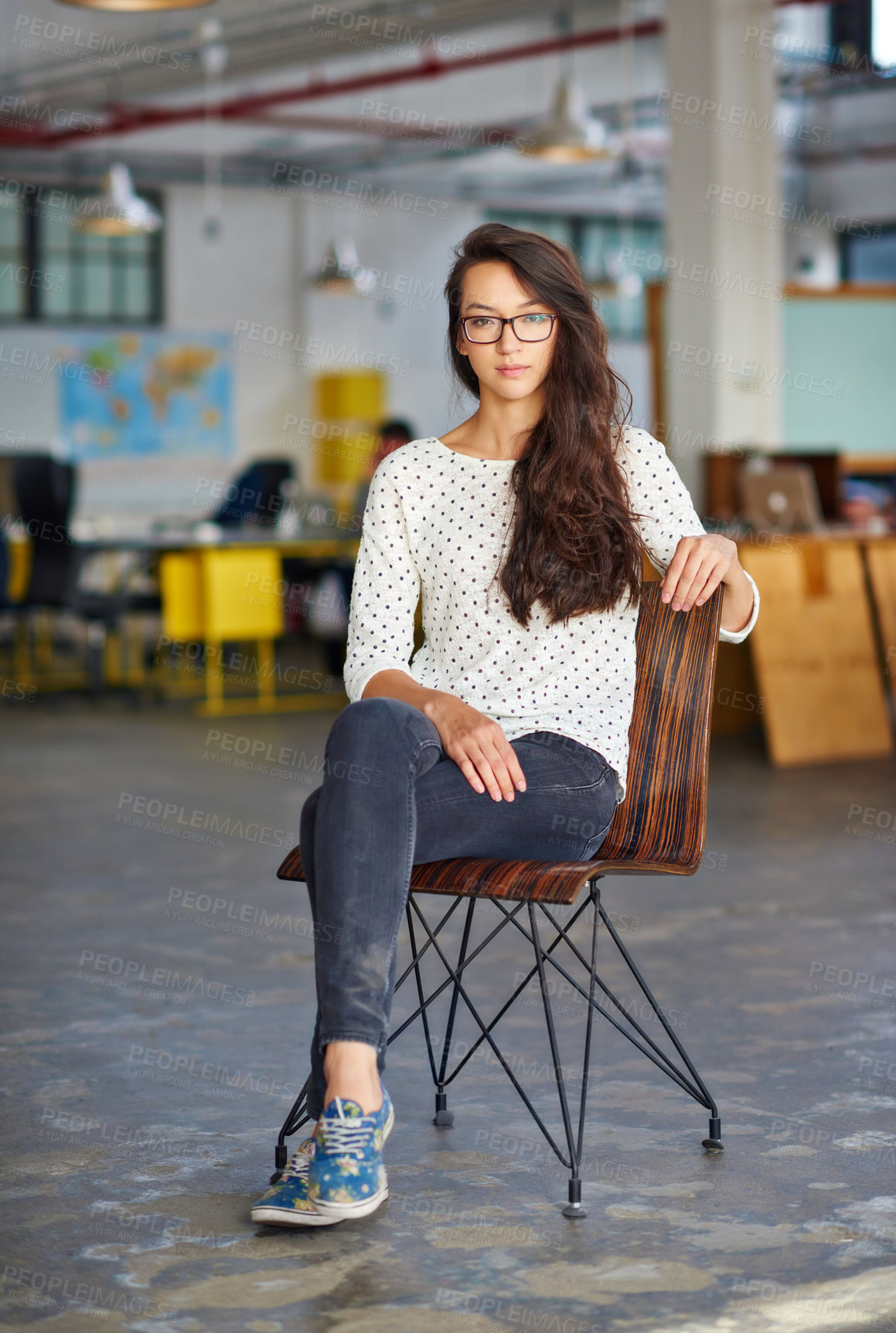 Buy stock photo Business, woman and portrait with confidence in office for creative internship, relax and startup pride in chair. Entrepreneur, employee and serious in a warehouse workspace and coworking workplace