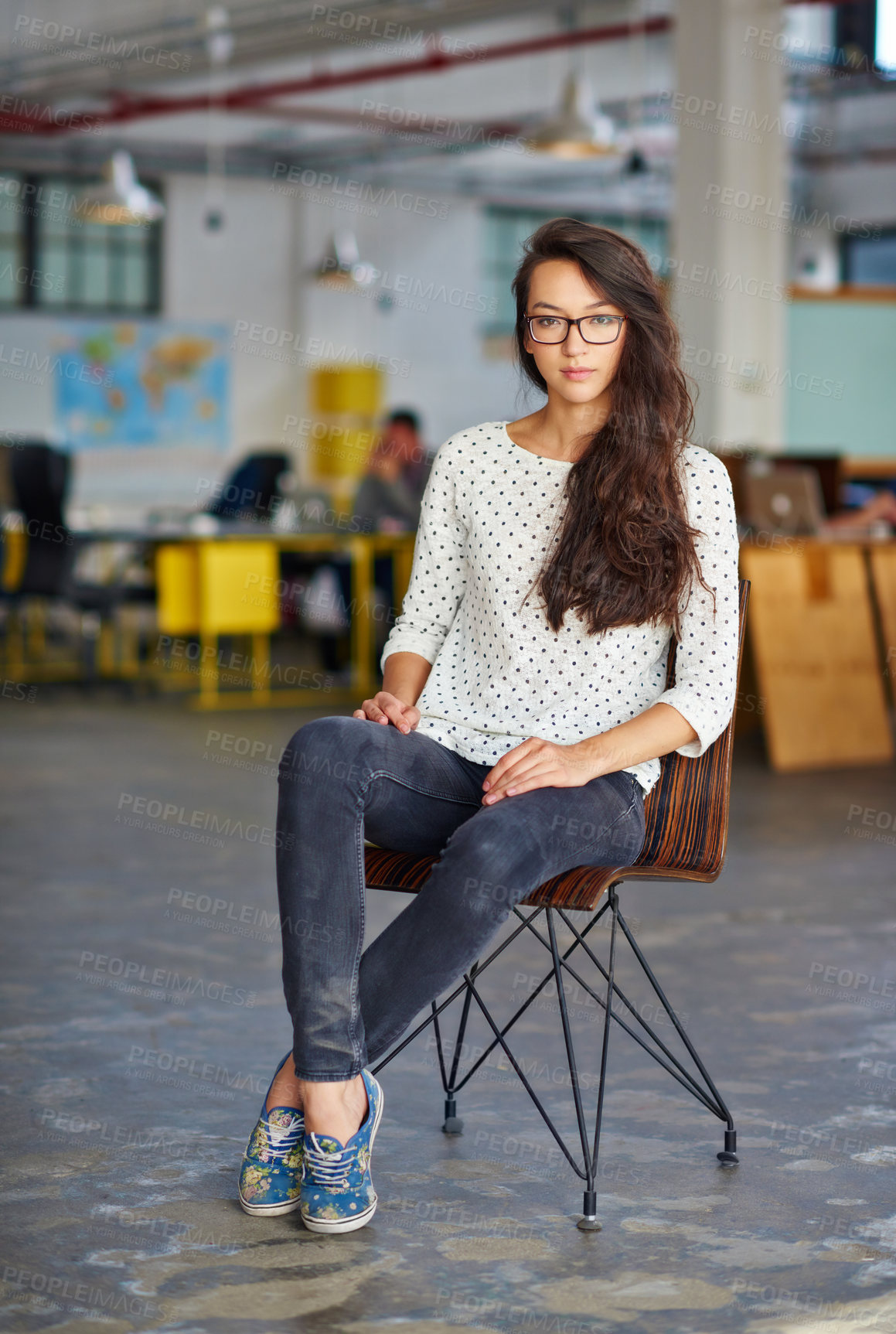 Buy stock photo Business, woman and serious with portrait in chair for creative internship, confidence, startup pride and glasses. Entrepreneur, employee and relax in a warehouse workspace and coworking environment