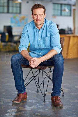 Buy stock photo Business, man and smile with portrait in office for creative internship, confidence, startup pride and relax. Entrepreneur, employee and designer in a warehouse workspace or casual workplace in chair